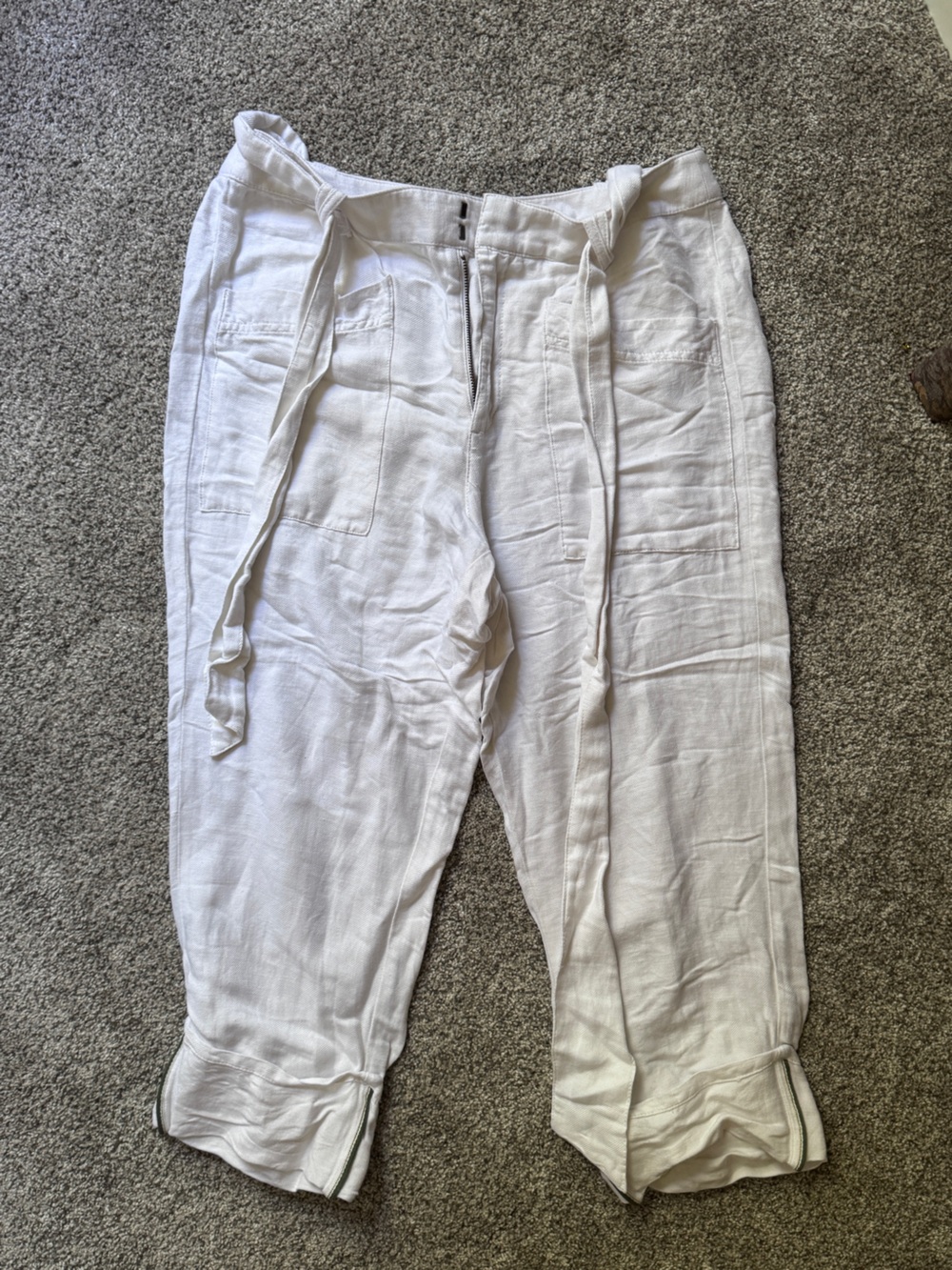 Lou & Grey White Drawstring Linen cotton cuffed capris